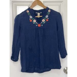 Women’s Lucky Brand Long Sleeve Cotton Blouse‎ w/ Embroidered Flowers Size Small
